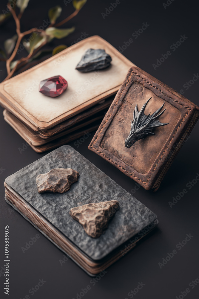 Fototapeta premium Fantasy card collection with dragon emblem and gemstones on rustic background