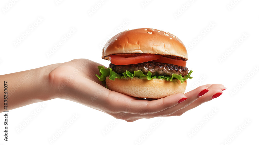 A Close-up of hands holding a hamburger, isolated on Transparent PNG format Background. Generative AI A Close-up of hands holding a hamburger, isolated on Transparent PNG format Background. Generative AI
