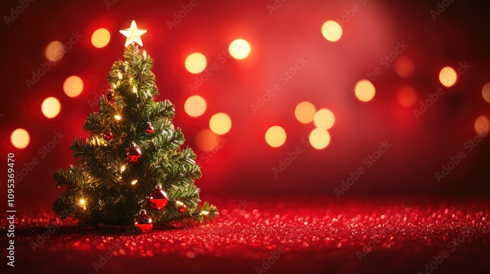 Festive Miniature Christmas Tree Red Background Lights Festive Miniature Christmas Tree Red Background Lights