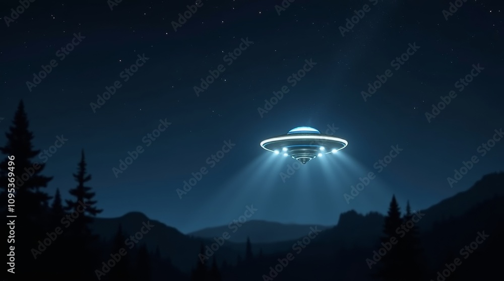 UFO in the night sky, with a classic flying saucer shape illuminated by bright lights UFO in the night sky, with a classic flying saucer shape illuminated by bright lights