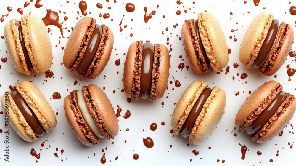 Delicious macarons in various flavors are artistically displayed with chocolate drizzles Delicious macarons in various flavors are artistically displayed with chocolate drizzles