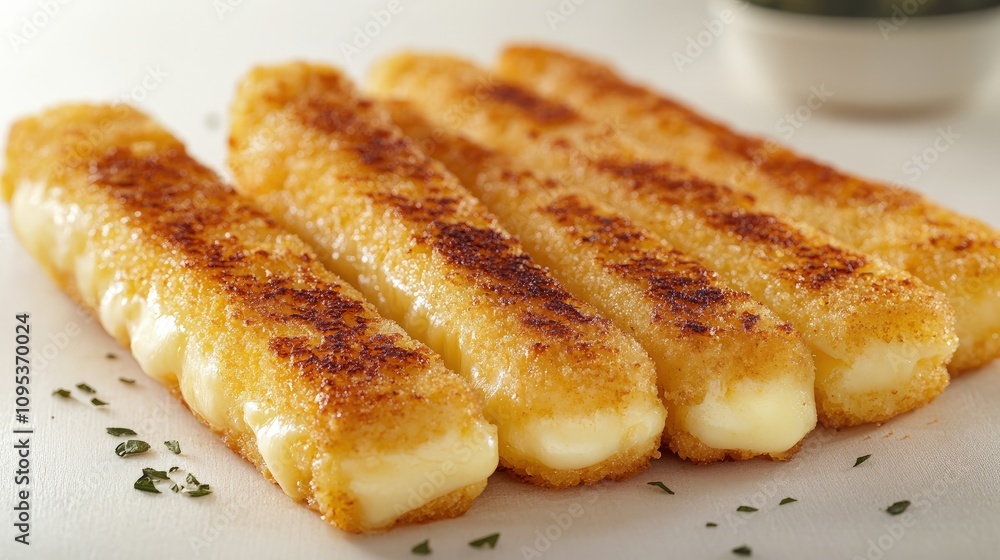 Crunchy cheese sticks sit invitingly on a plate, paired with a flavorful herb dip in a cozy kitchen Crunchy cheese sticks sit invitingly on a plate, paired with a flavorful herb dip in a cozy kitchen