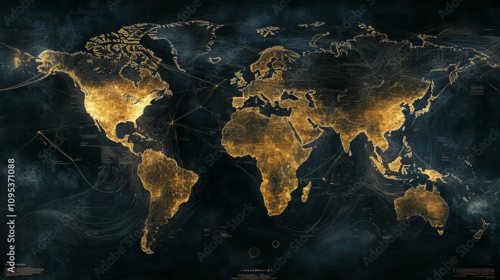 World map with overlaying connections or economic data, blues and whites with golden accents to convey trust and prestige, layered digital grids or faint data streams, 16:9 World map with overlaying connections or economic data, blues and whites with golden accents to convey trust and prestige, layered digital grids or faint data streams, 16:9