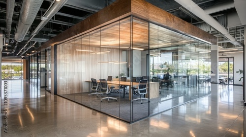 Sleek and open office spaces with glass walls  natural lighting  and minimalist decor  Cool  neutral palettes with metallic and wood accents  16 9