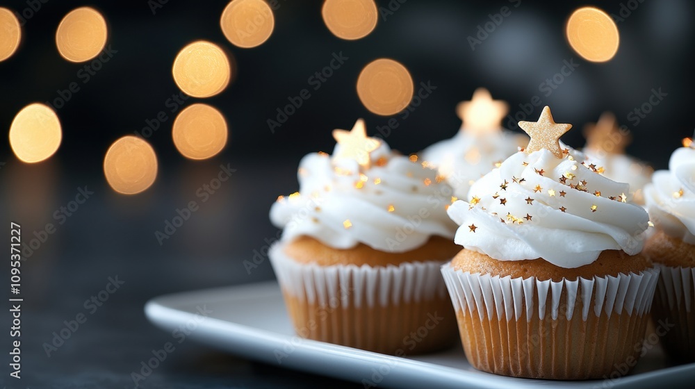 Three cupcakes with gold stars on top of them Three cupcakes with gold stars on top of them