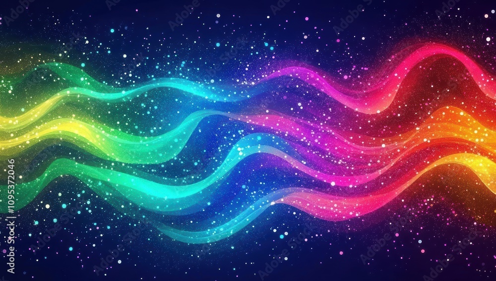 Obraz premium カラフルな波模様が星空を背景にした幻想的な風景を描く