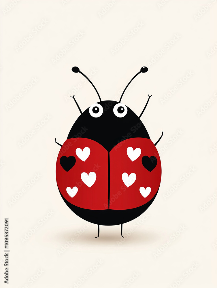 A cheerful ladybug with heart-shaped red wings stands against a light background A cheerful ladybug with heart-shaped red wings stands against a light background