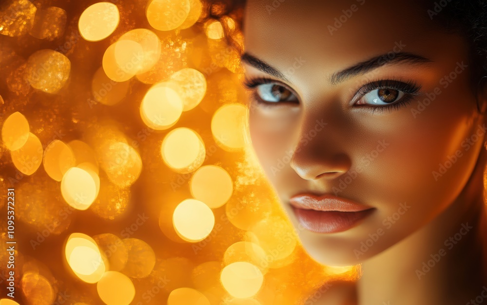 a close-up portrait of beautiful woman on orange christmas background a close-up portrait of beautiful woman on orange christmas background