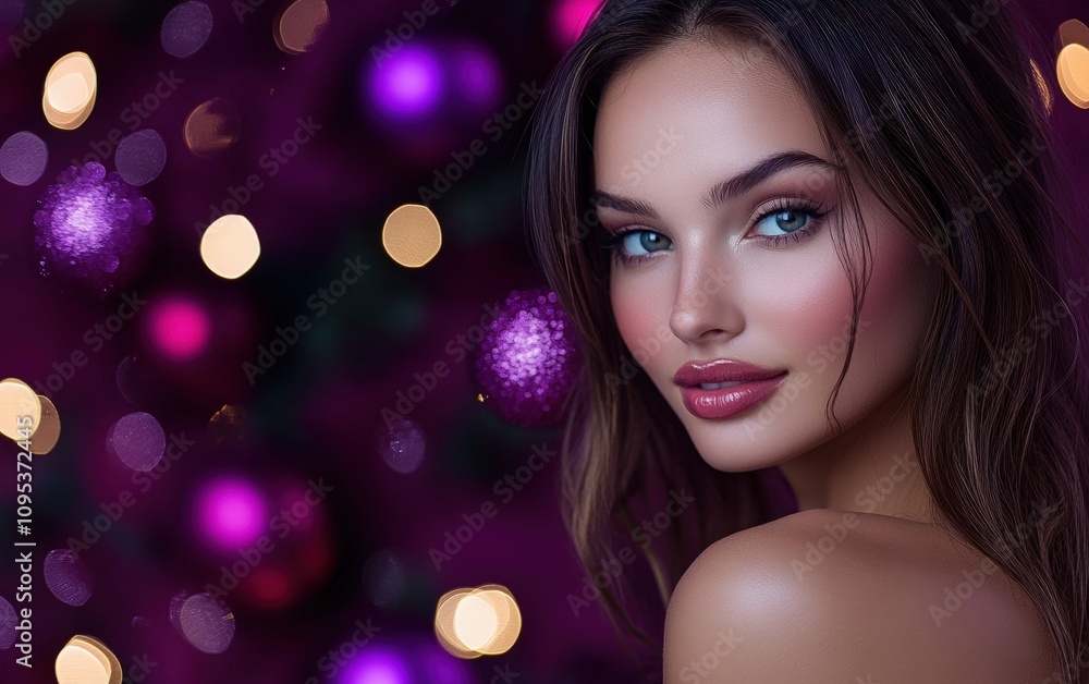a close-up portrait of beautiful woman on purple christmas background a close-up portrait of beautiful woman on purple christmas background