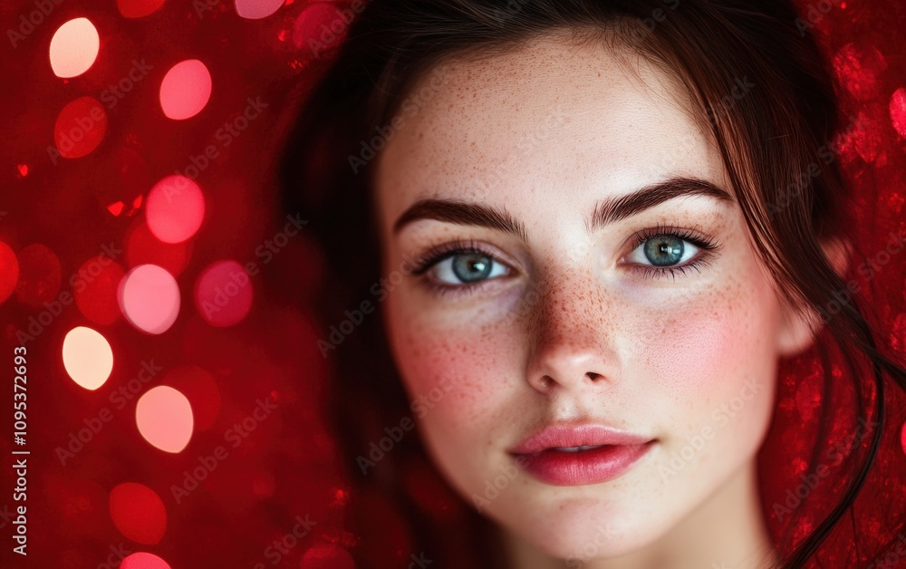 a close-up portrait of beautiful woman on red christmas background a close-up portrait of beautiful woman on red christmas background