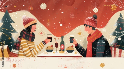 Danish Christmas Lunch Illustration in Nordic Style and Cozy Atmosphere photo