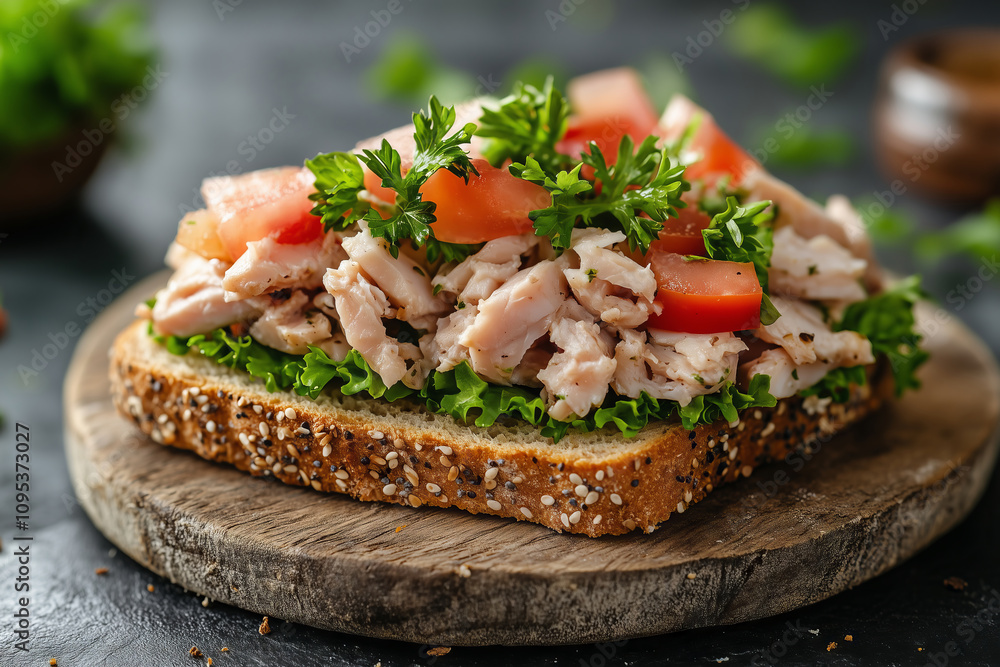 Fresh cod liver salad on whole grain bread with vibrant toppings Fresh cod liver salad on whole grain bread with vibrant toppings
