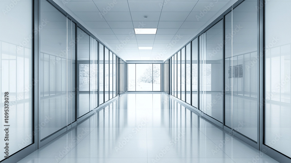 Focused view of a modern corridor's sleek glass doors, reflecting interior lights. Focused view of a modern corridor's sleek glass doors, reflecting interior lights.