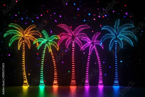 Neon palm tree silhouettes glowing with colorful twinkling lights set against a dark night sky --ar 3:2 --s 50 photo