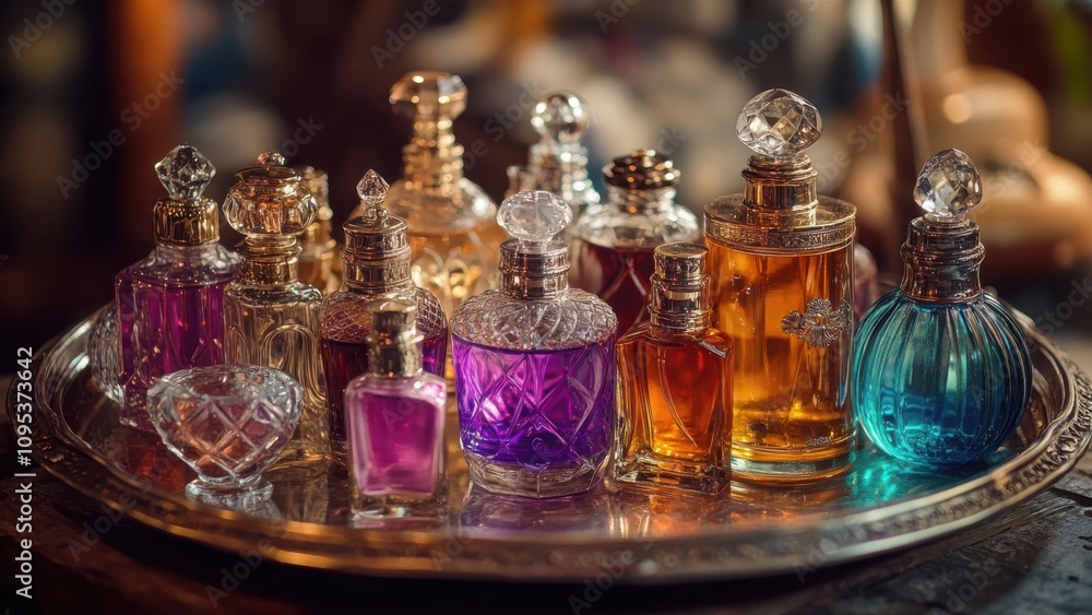Assorted Elegant Perfume Bottles on a Tray Assorted Elegant Perfume Bottles on a Tray