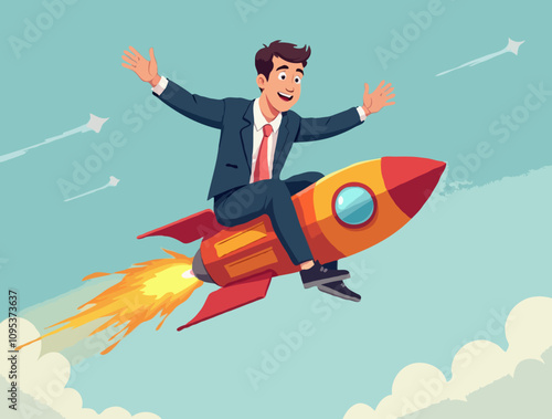 A man wearing a suit and tie is riding a rocket to do business or something successful. illustration