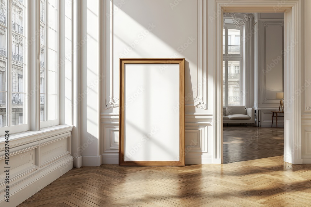 Elegant Empty Frame in Sunlit Modern Interior Setting Elegant Empty Frame in Sunlit Modern Interior Setting
