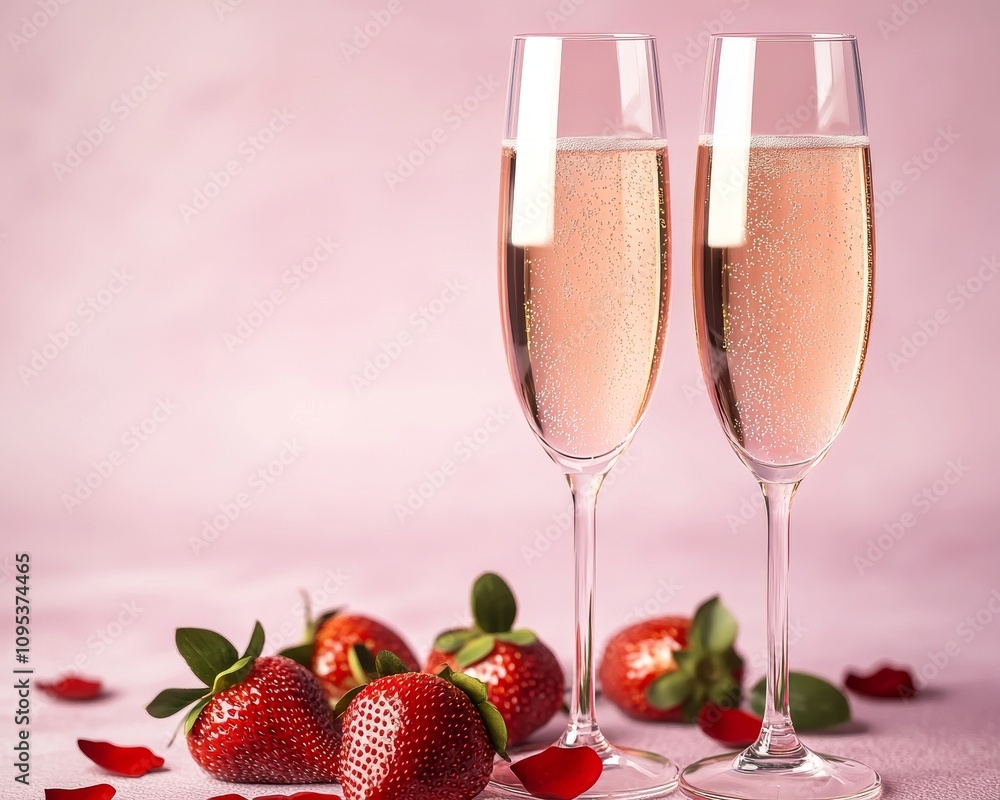 Valentine's Day. Two glasses of champagne with bubbles on a pink background with strawberries and rose petals. Declaration of love. Banner. Valentine's Day celebration. Valentine's Day. Two glasses of champagne with bubbles on a pink background with strawberries and rose petals. Declaration of love. Banner. Valentine's Day celebration.