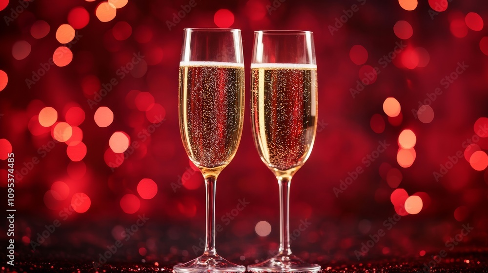 Valentine's Day. Two glasses of champagne with bubbles on a pink background with strawberries and rose petals. Declaration of love. Banner. Valentine's Day celebration. Valentine's Day. Two glasses of champagne with bubbles on a pink background with strawberries and rose petals. Declaration of love. Banner. Valentine's Day celebration.