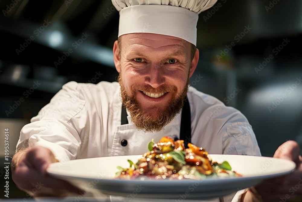 Chef presents a delicious dish in a vibrant kitchen setting Chef presents a delicious dish in a vibrant kitchen setting