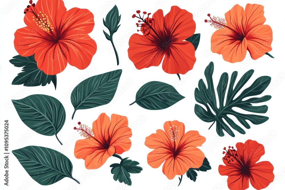 Vibrant Orange Hibiscus Flowers with Lush Green Leaves Vibrant Orange Hibiscus Flowers with Lush Green Leaves