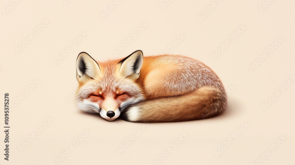 Obraz premium Peaceful Sleeping Fox on Soft Neutral Background, capturing the essence of tranquility and natural beauty. Perfect for themes of calmness, wildlife, and simplicity.