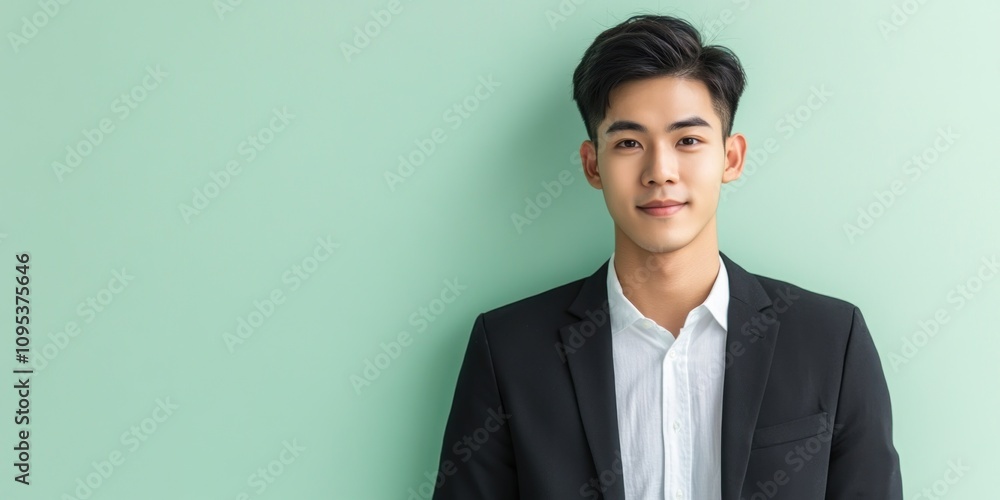 Young Asian Man in Suit Against Green Background Young Asian Man in Suit Against Green Background