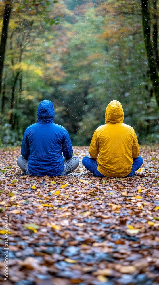 Two People Meditating in Autumn Forest Rain Two People Meditating in Autumn Forest Rain