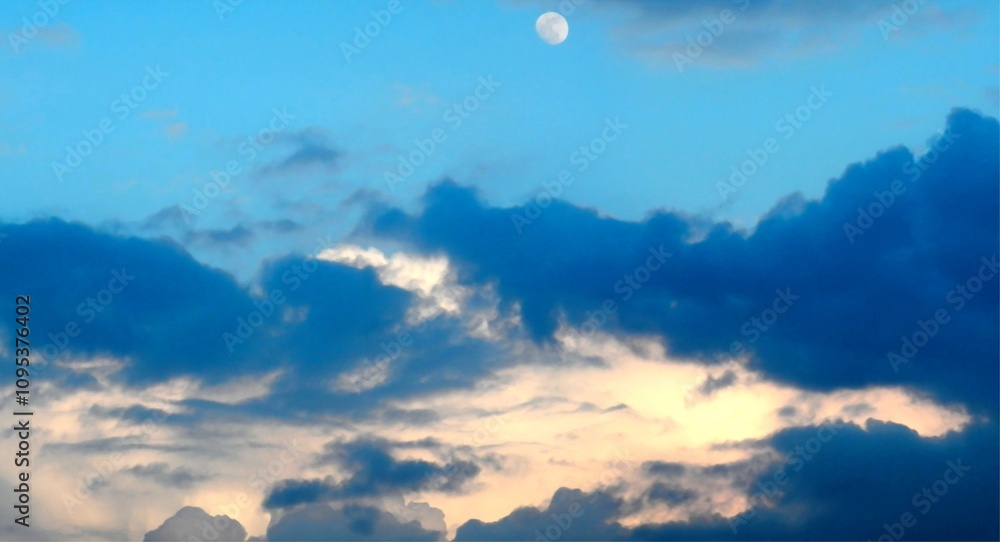 Menacing abstract blue sky with dark and light clouds Cumulus and moon above. Topics: weather, meteorology, cosmos, atmosphere, air space, cloudy, stormy, climate Menacing abstract blue sky with dark and light clouds Cumulus and moon above. Topics: weather, meteorology, cosmos, atmosphere, air space, cloudy, stormy, climate