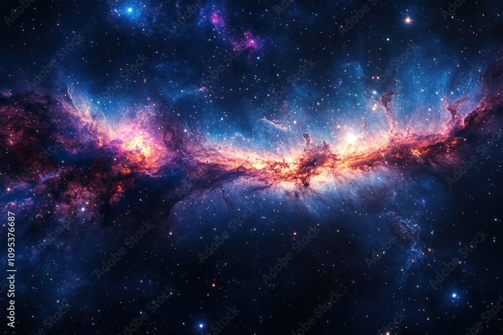 Fototapeta premium A vibrant nebula in a dark, starry sky with bright blue, pink, and orange hues.