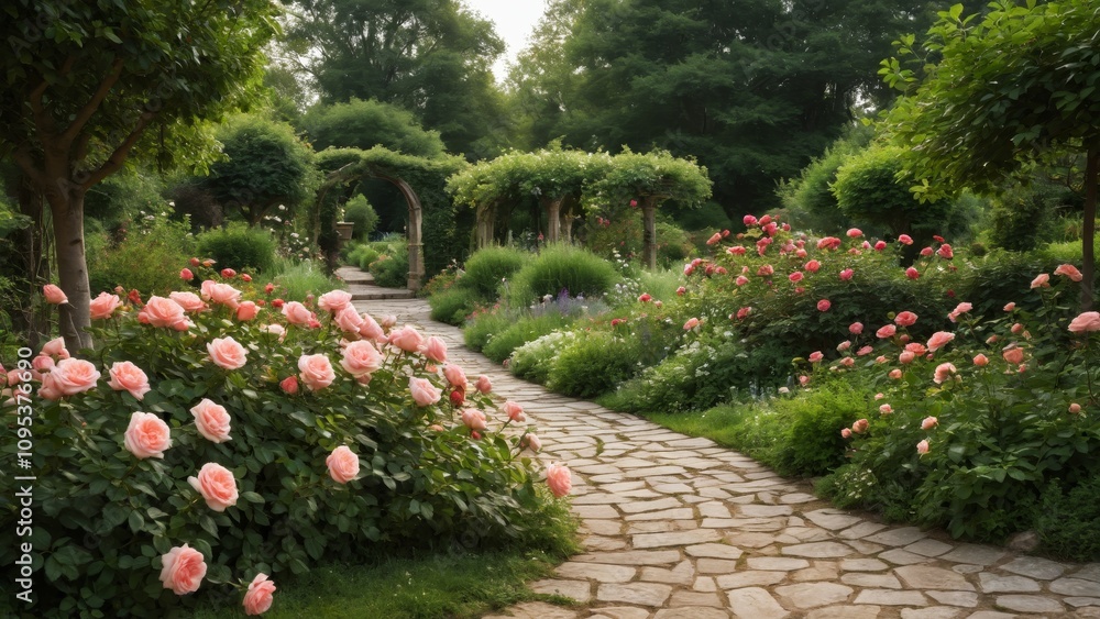 Naklejka premium A serene garden pathway surrounded by vibrant roses and lush greenery at golden hour