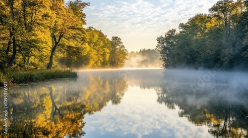 Misty Autumn Morning: Serene Lake Reflections