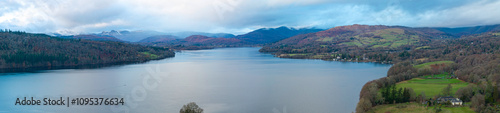 Panoramic aerial image of Windermere lake in the lake district area of Cumbria - UK 