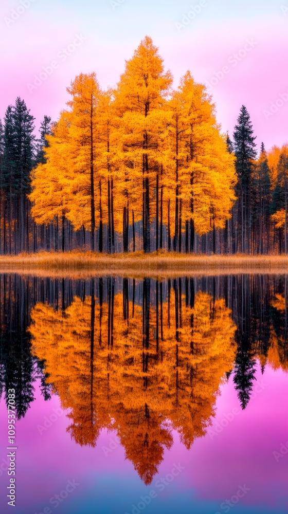 Golden Autumn Trees Reflecting in Calm Lake Vibrant Sunset Golden Autumn Trees Reflecting in Calm Lake Vibrant Sunset