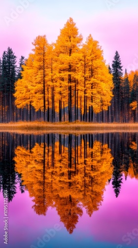 Golden Autumn Trees Reflecting in Calm Lake Vibrant Sunset