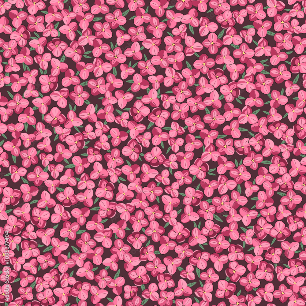 Fototapeta premium Vector illustration. Seamless pattern of purple pink small flowers, blooming in the garden. Ditsy floral lilac pattern, field of flowers, print for fabric, textile, wallpaper, children's clothing