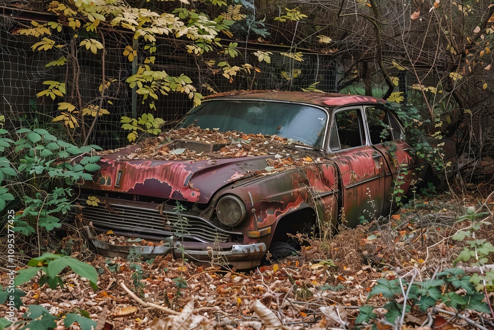 Decaying rusty car covered with fallen leaves and surrounded by overgrown vegetation in a forest setting Decaying rusty car covered with fallen leaves and surrounded by overgrown vegetation in a forest setting
