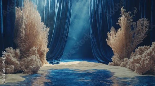 deep blue emty room, with water on the floor , and a beige, apricose coralls photo