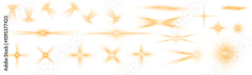 Collection of lens flares, stars and light rays with glowing swirling and spiral particles on transparent background in PNG format.