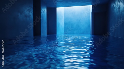 deep blue emty room with water on the floor