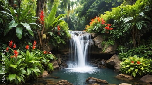 A tranquil waterfall flows through a lush tropical garden in the early morning light