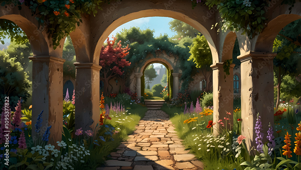 A lovely, hidden garden straight out of a fairy tale, complete with flower arches and vibrant vegetation. Background of a digital painting A lovely, hidden garden straight out of a fairy tale, complete with flower arches and vibrant vegetation. Background of a digital painting