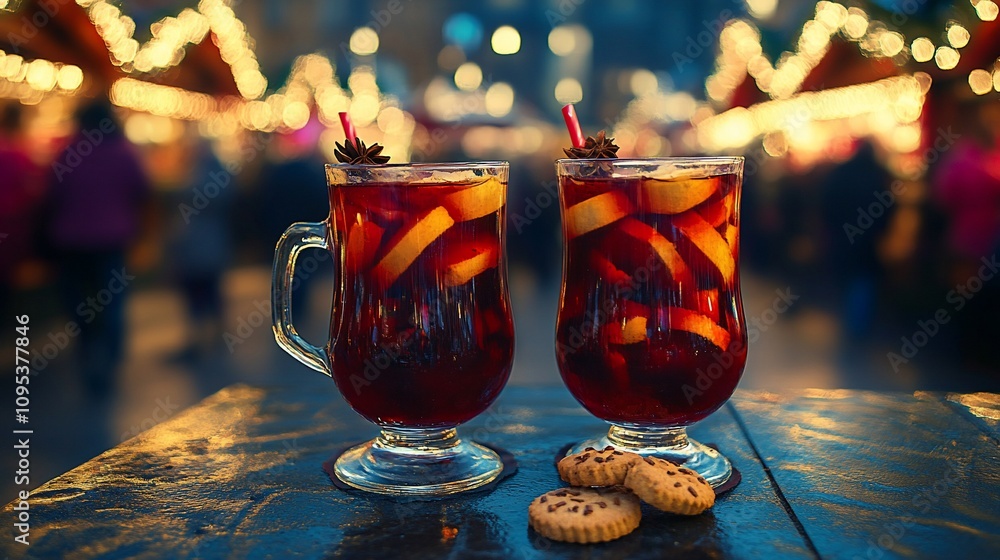 Fototapeta premium Two mugs of mulled wine with cookies at a Christmas market.