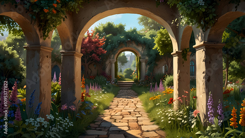 A lovely, hidden garden straight out of a fairy tale, complete with flower arches and vibrant vegetation. Background of a digital painting