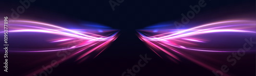 Speed lights motion background, cityscape and rail track in tokyo from speed train. Panoramic high speed technology concept, light abstract background.