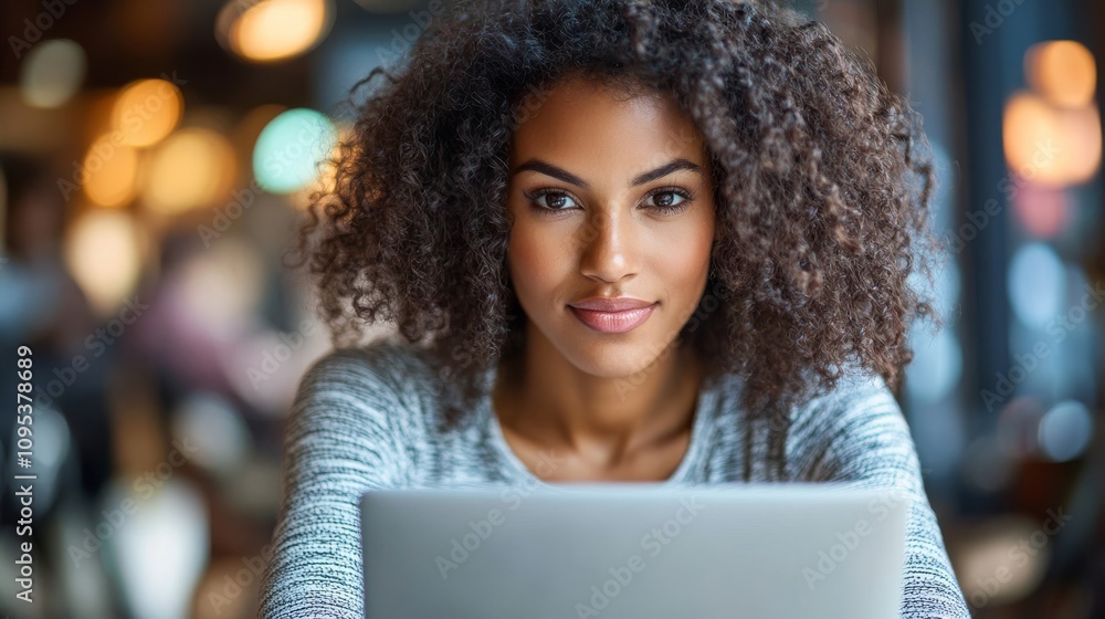 Young Woman with Curly Hair Using a Laptop Young Woman with Curly Hair Using a Laptop