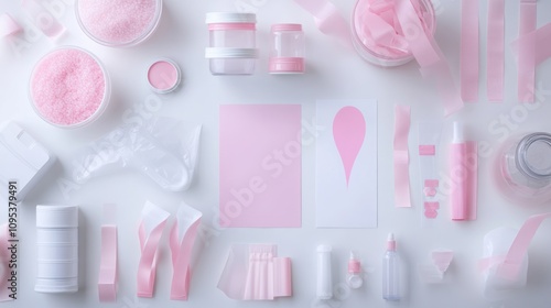 Pink and White Objects Arranged on a White Surface