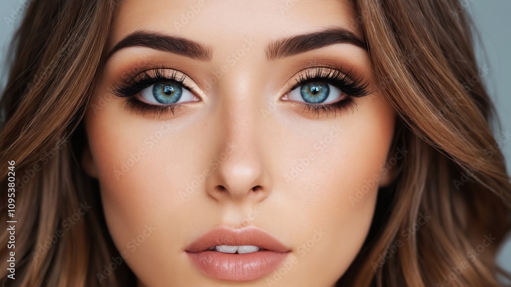 Captivating portrait of a woman with striking blue eyes and flawless skin in soft lighting Captivating portrait of a woman with striking blue eyes and flawless skin in soft lighting