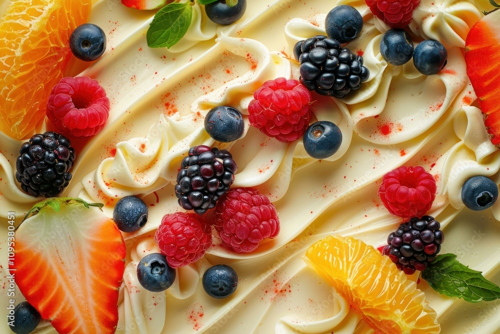 Close up of a cake surface featuring swirling cream cheese frosting, adorned with vibrant berries and citrus fruit slices Close up of a cake surface featuring swirling cream cheese frosting, adorned with vibrant berries and citrus fruit slices