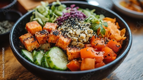 Delicious Tofu Bowl With Assorted Vegetables And Seeds photo